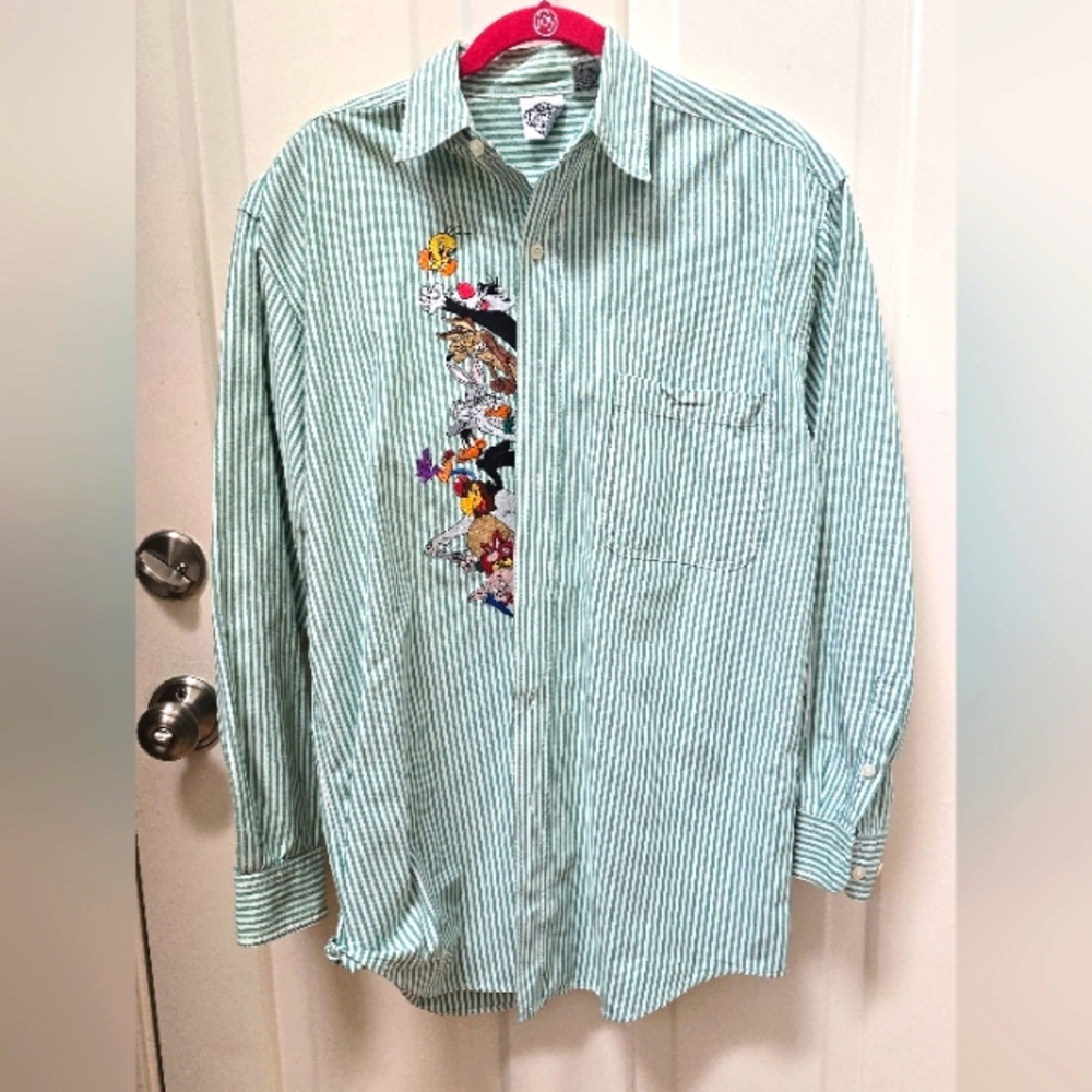 ACME Warner Brothers Looney Tunes Green & White Casual Button Down Shirt-Vintage